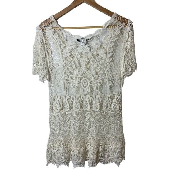 Ultra Pink White Open Lace Open Work Short Sleeve Top Women's Size XL - Picture 2 of 4